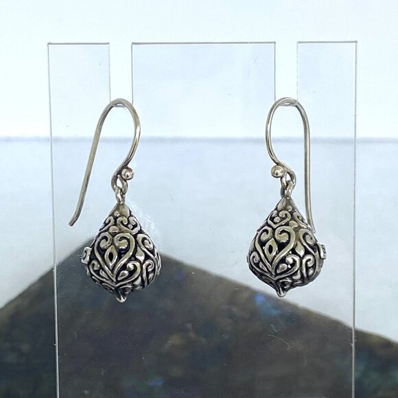 Sterling Silver ATI 925 Bali Style Scrollwork Hollow Teardrop Dangle Earrings - Picture 8 of 16